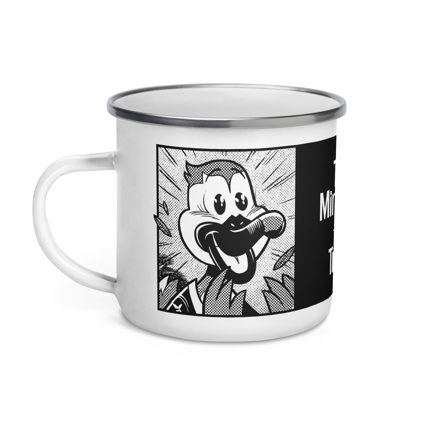 White enamel mug with a silver rim, featuring a black-and-white line drawing of Stribby the Gray Duck, the Minnesota Star Tribune mascot.