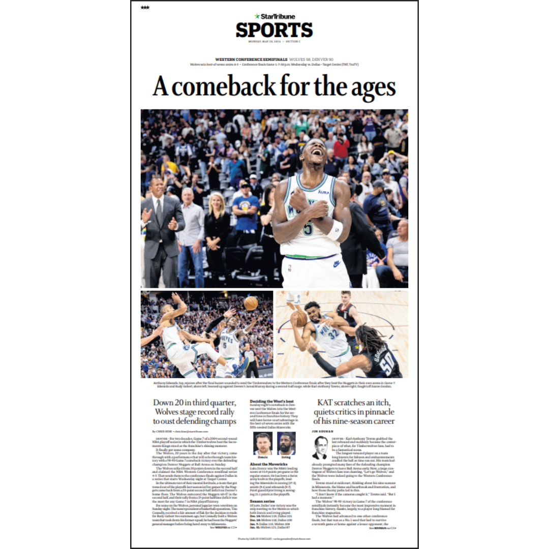 “A comeback for the ages” Timberwolves Win Game 7 Western Conference Semifinals Page Poster Reprint
