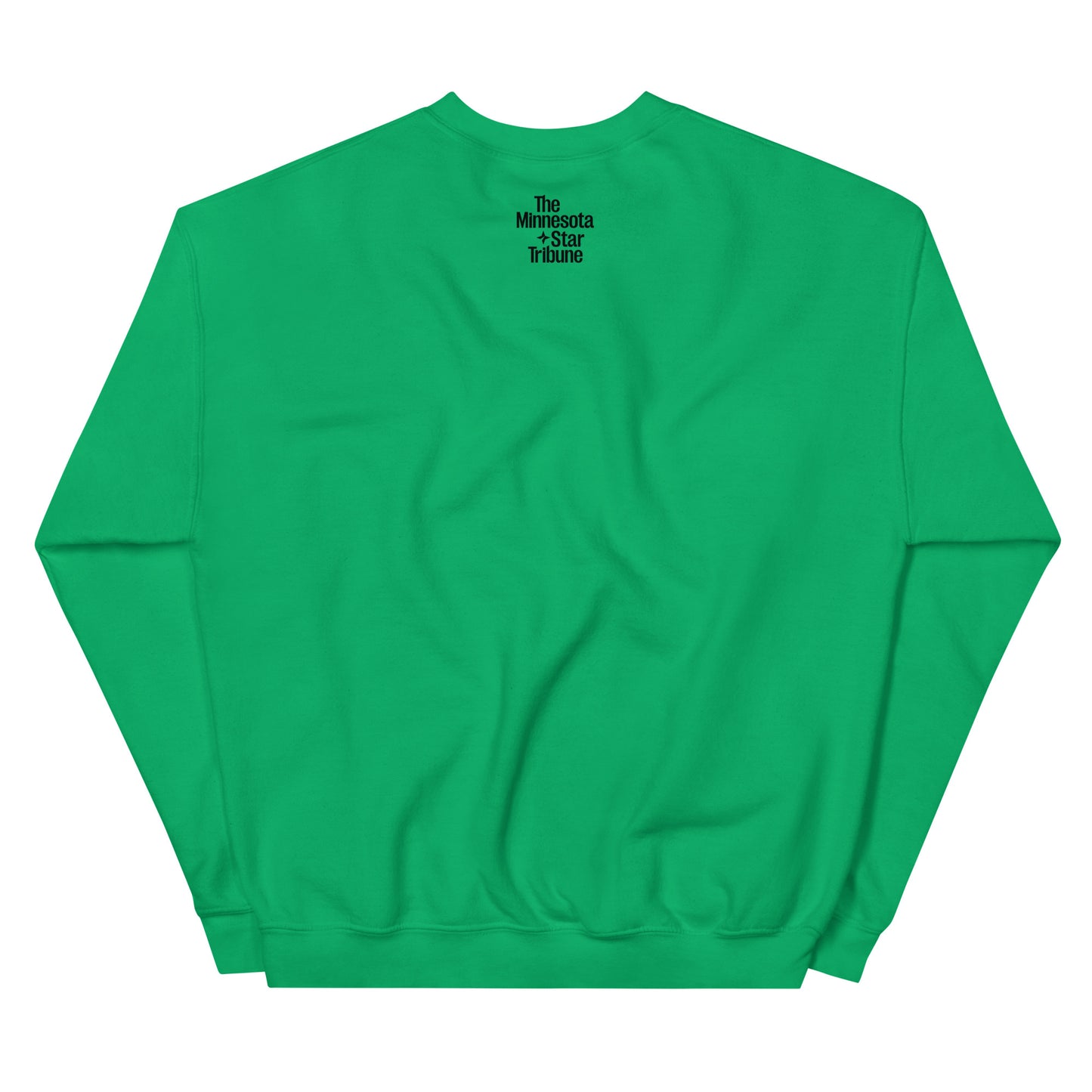 Back view of green crew neck sweatshirt with a small Minnesota Star Tribune logo on the upper back of the sweatshirt.