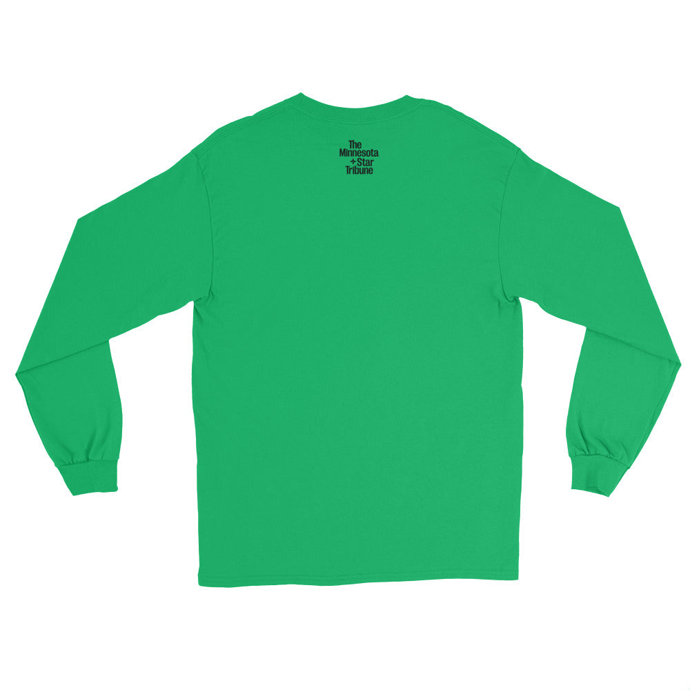 Back view of green long sleeve shirt with a small Minnesota Star Tribune logo on the upper back of the shirt.