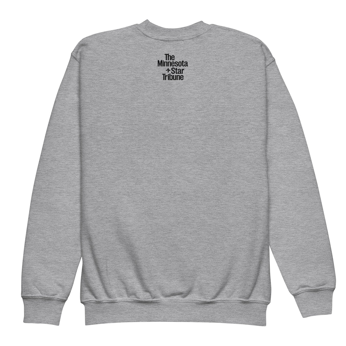 Back view of grey crew neck youth sweatshirt with a small Minnesota Star Tribune logo on the upper back of the sweatshirt.