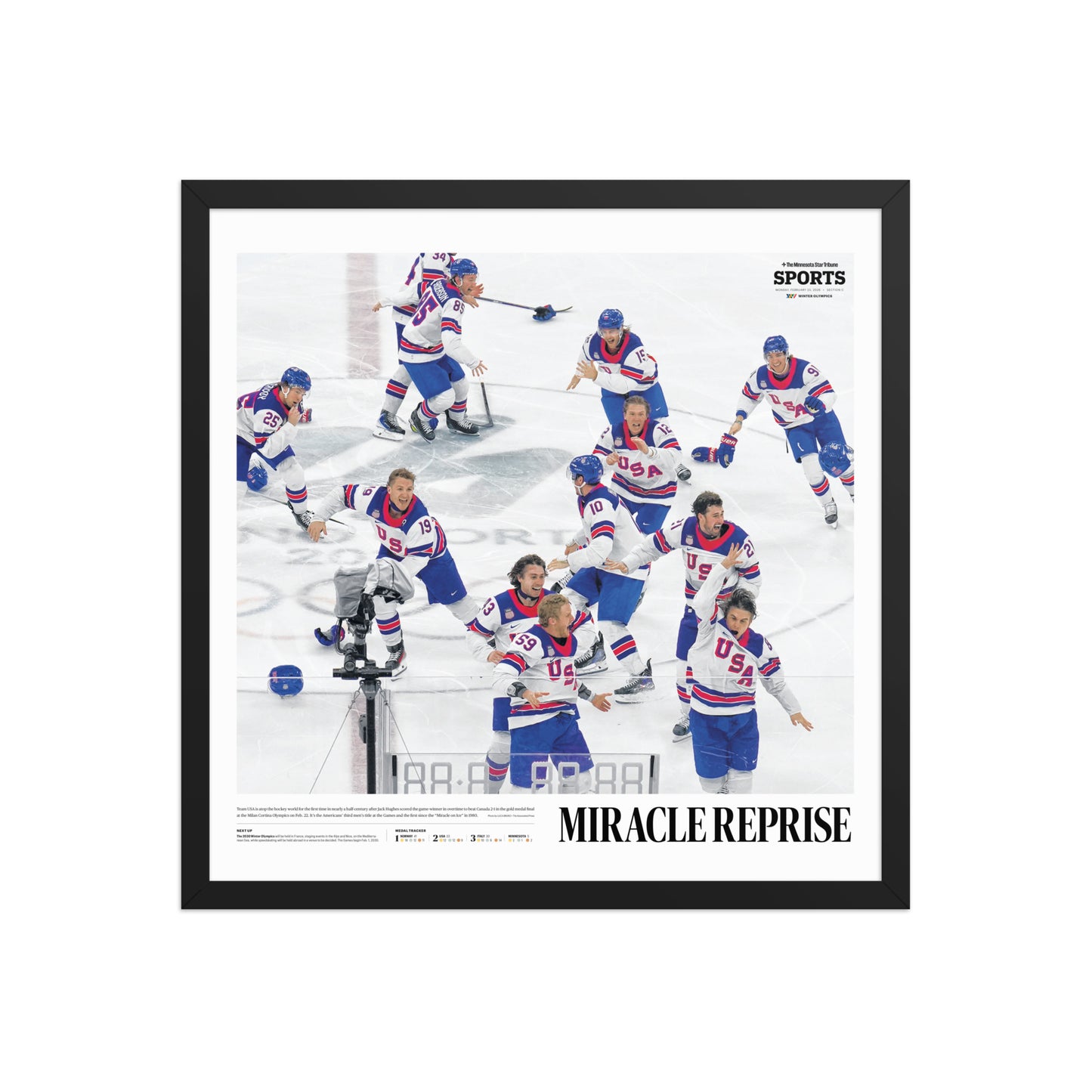 Framed newspaper reprint poster showing Team USA men’s hockey players celebrating their gold medal victory at the 2026 Cortina Olympics, with the headline 'Miracle Reprise'.