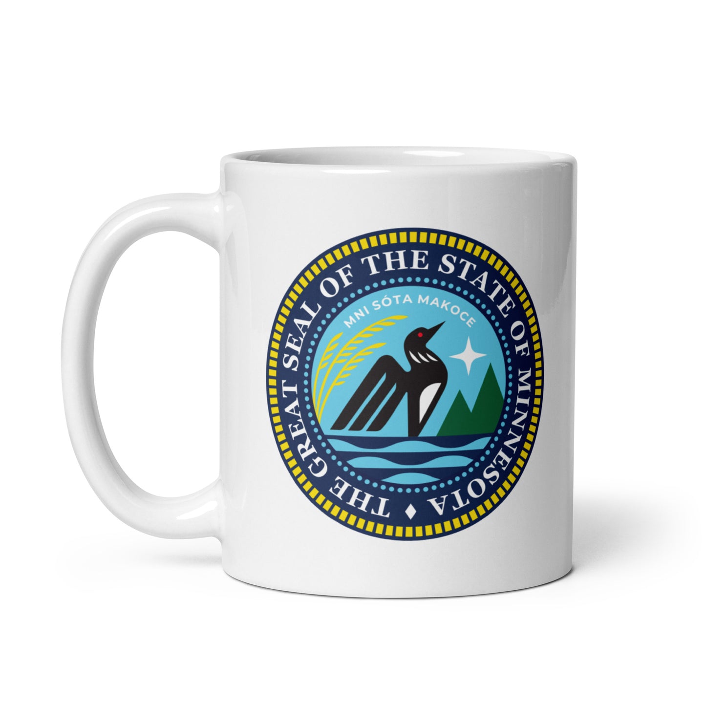 White coffee mug featuring the 2024 redesigned Minnesota State Seal with a loon, wild rice, and the North Star.