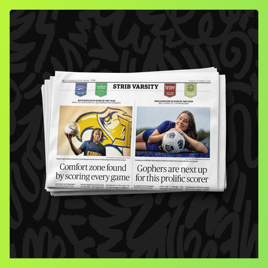 Star Tribune back copy newspaper featuring Strib Varsity Minnesota high school sports coverage