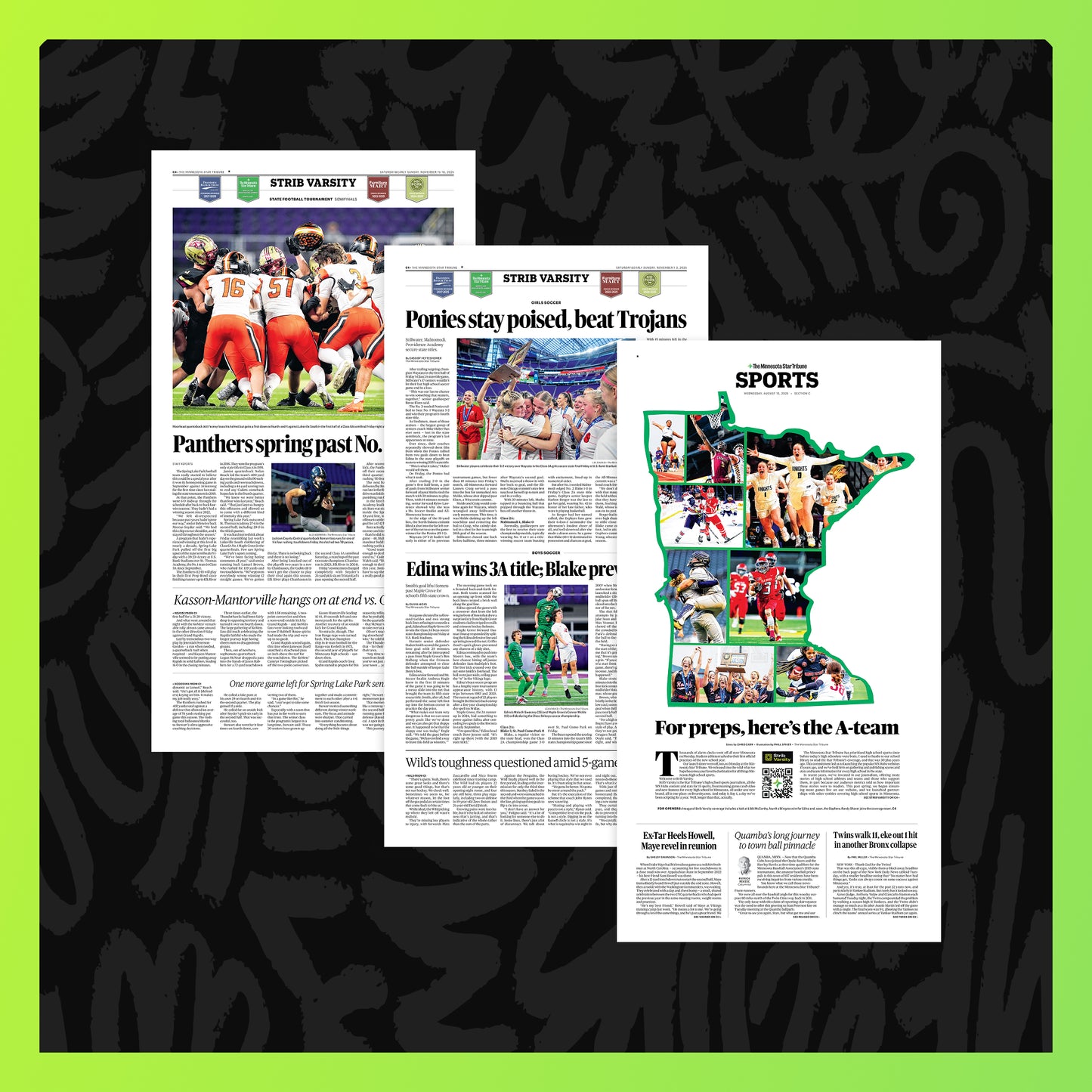 Three Star Tribune poster page reprint pages highlighting Strib Varsity high school sports coverage on a black background with a green border.