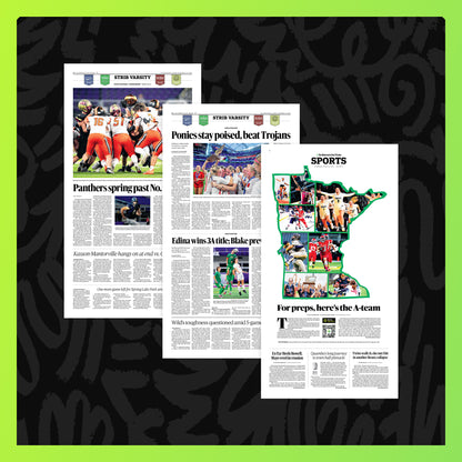 Three Star Tribune poster page reprint pages highlighting Strib Varsity high school sports coverage on a black background with a green border.