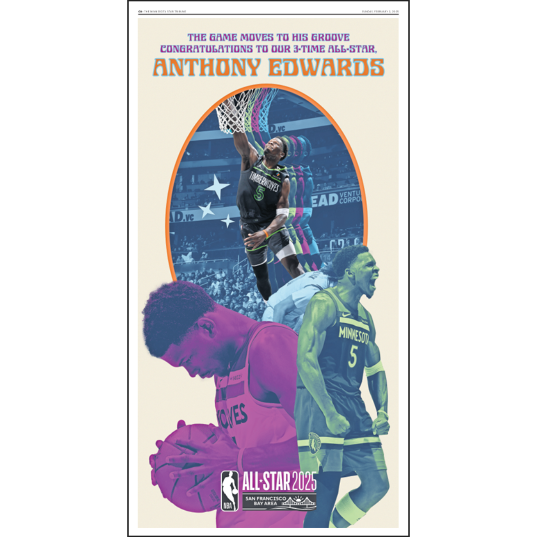 A collectible sports page reprint featuring Anthony Edwards, with images of him playing basketball and text congrating him for being a 3-time All-Star.