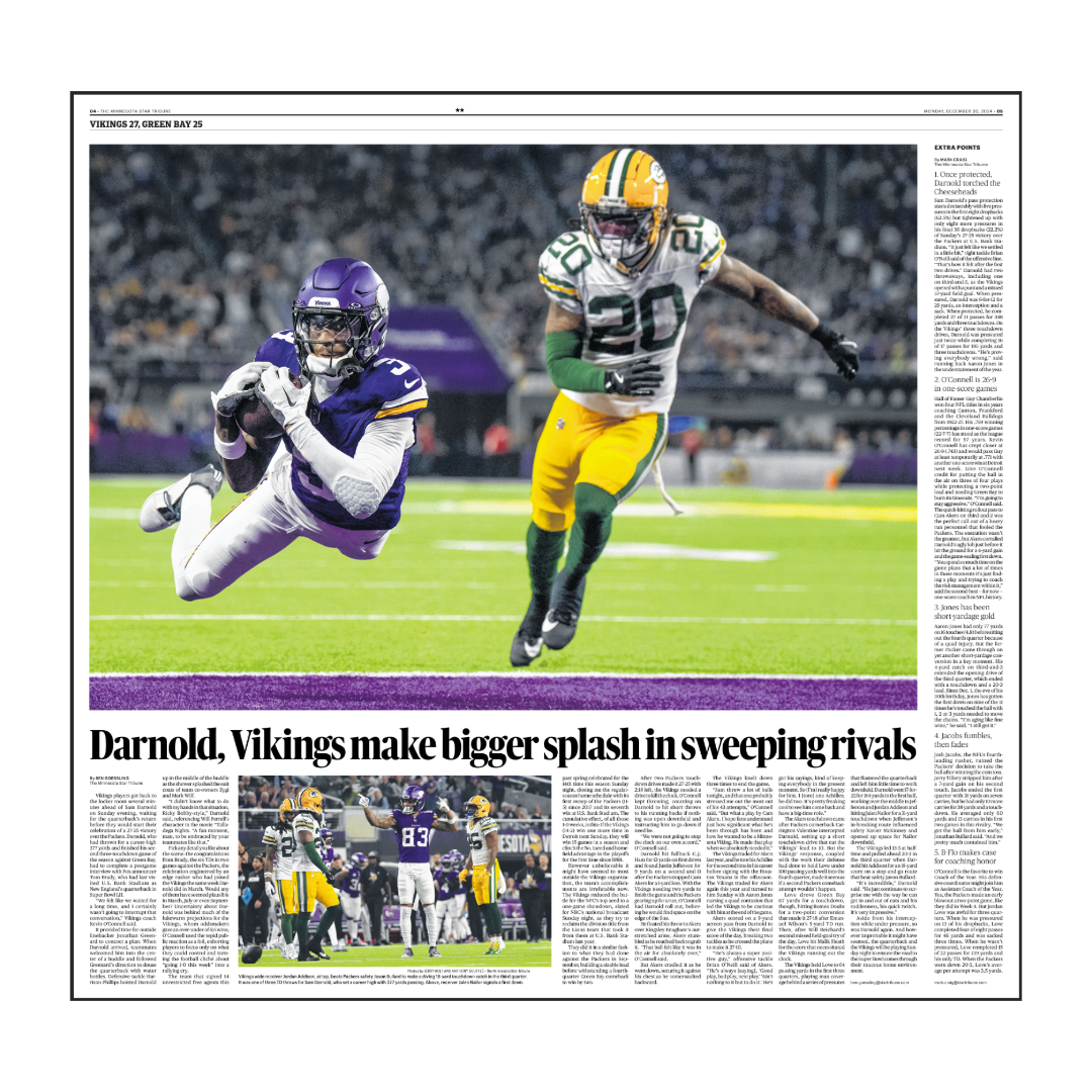 "Darnold, Vikings make bigger splash in sweeping rivals" Vikings Page Poster Reprint