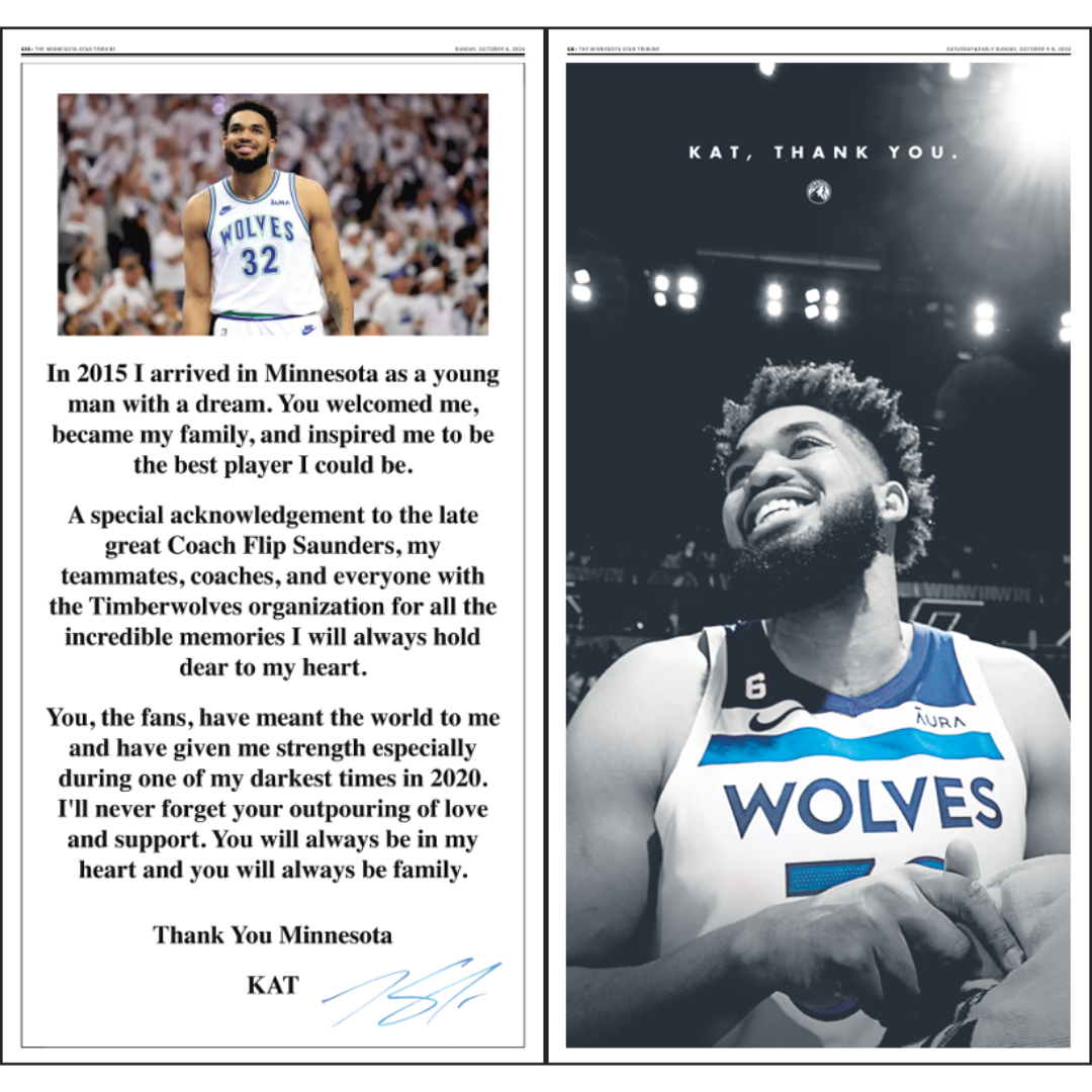 "KAT, THANK YOU." Karl-Anthony Towns Farewell Page Poster Reprints