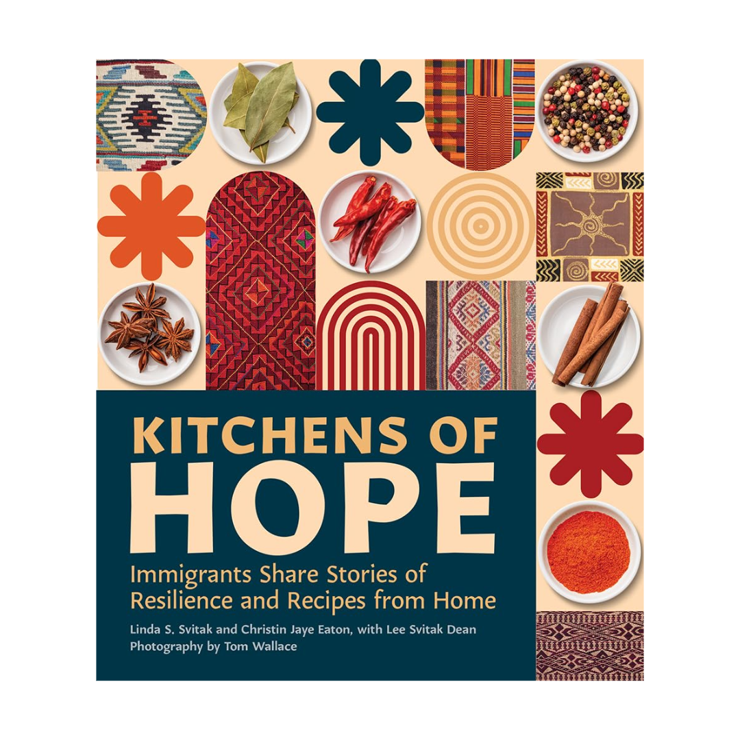 Book cover of 'Kitchens of Hope' with colorful design elements and spices featured. 

