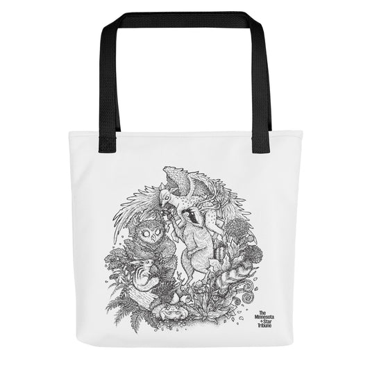 Black‑handled tote bag with a black‑and‑white illustration of chimera figures blending features of Minnesota native animals, standing among native Minnesota plants.