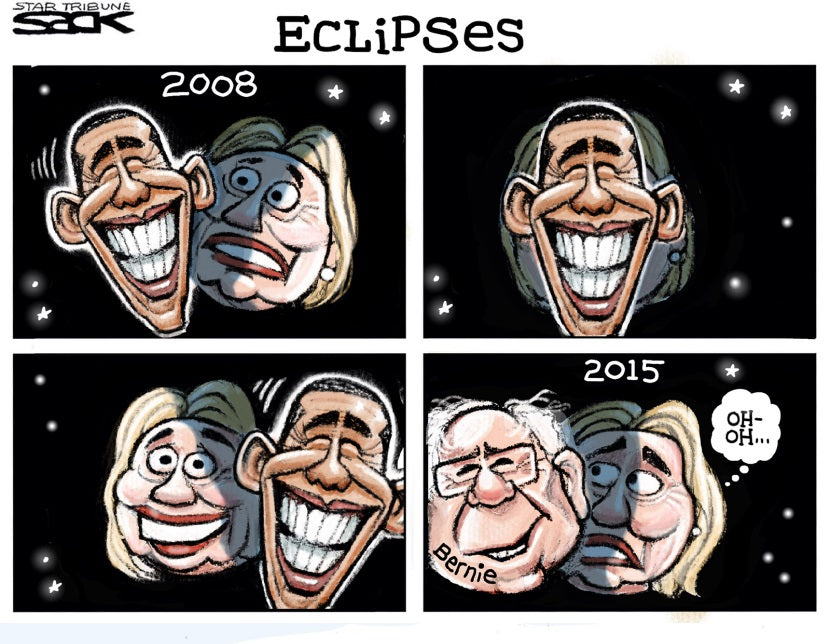 Steve Sack political cartoon "Eclipses" from The First and Only Book of Sack 2.0 showing Barack Obama’s 2008 victory eclipsing Hillary Clinton, followed by Bernie Sanders’ 2015 surge doing the same.