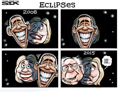 Steve Sack political cartoon "Eclipses" from The First and Only Book of Sack 2.0 showing Barack Obama’s 2008 victory eclipsing Hillary Clinton, followed by Bernie Sanders’ 2015 surge doing the same.