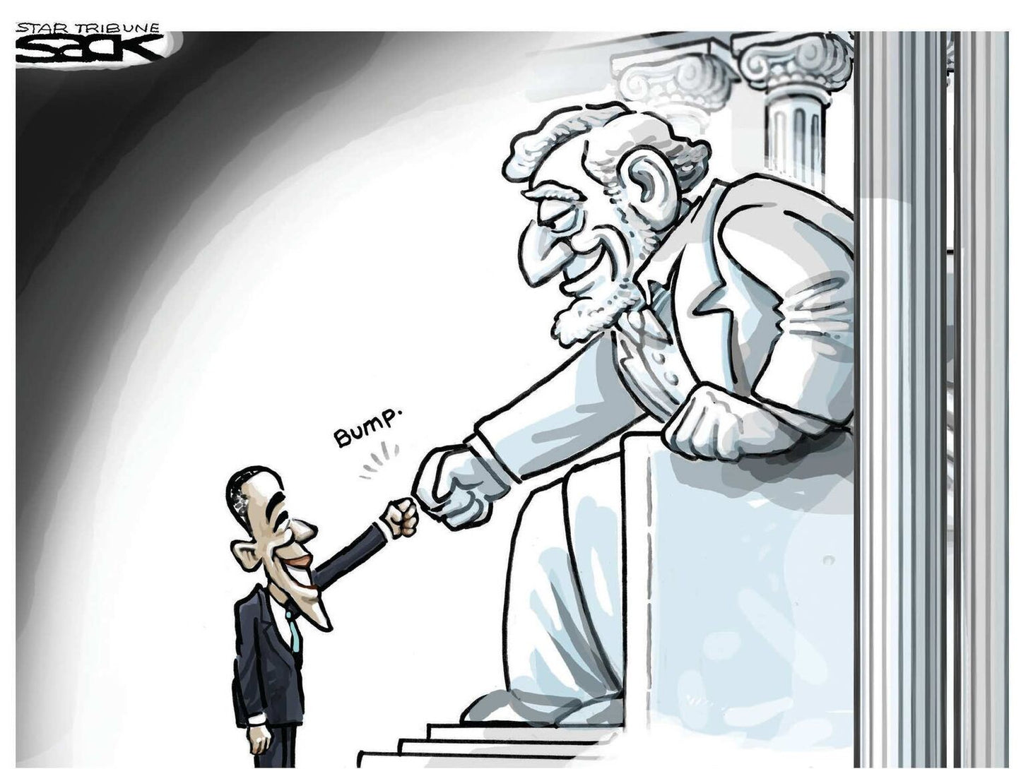 Steve Sack political cartoon from "The First and Only Book of Sack 2.0" featuring President Barack Obama giving a fist bump to the statue of Abraham Lincoln at the Lincoln Memorial.