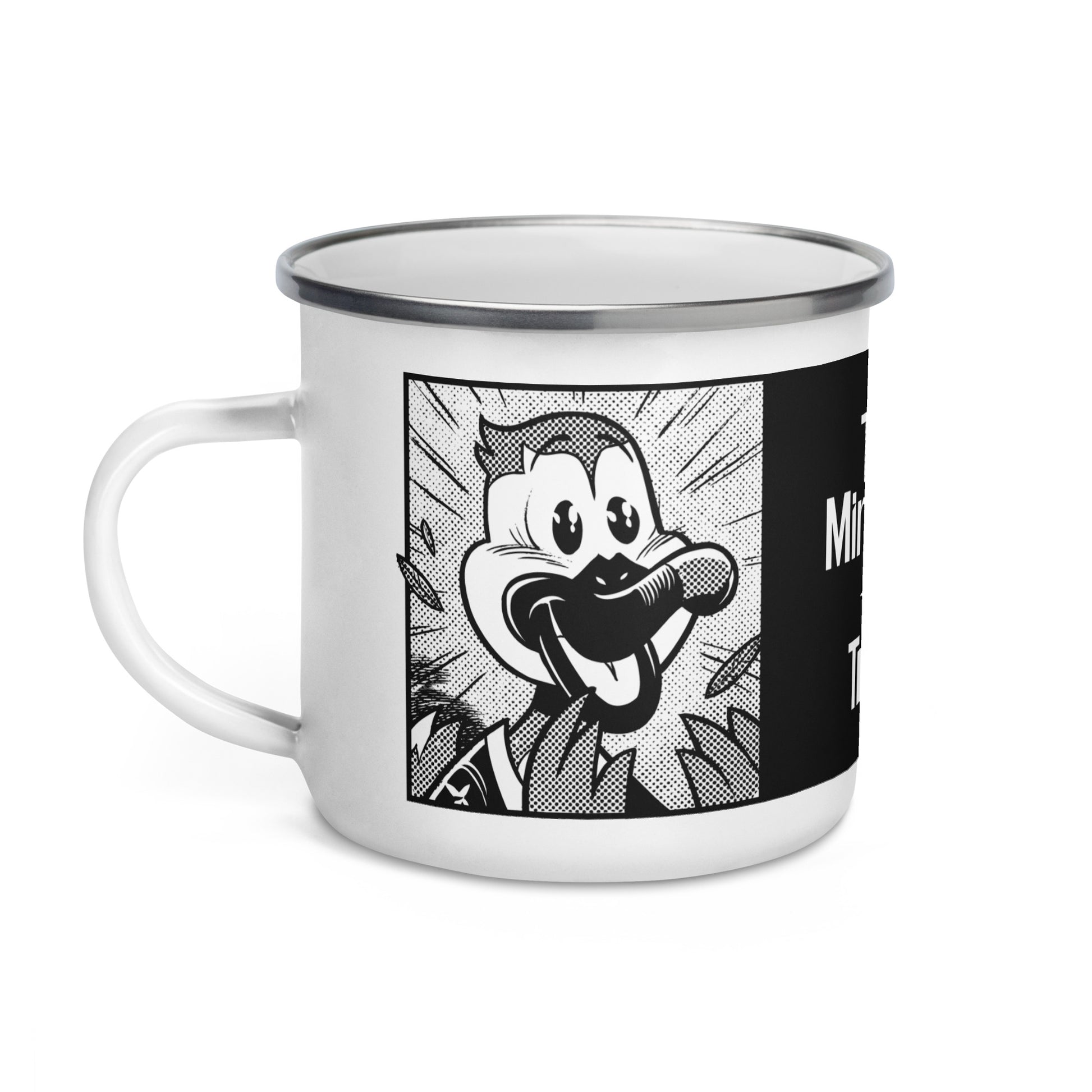 White enamel mug with a silver rim, featuring a black-and-white line drawing of Stribby the Gray Duck, the Minnesota Star Tribune mascot.