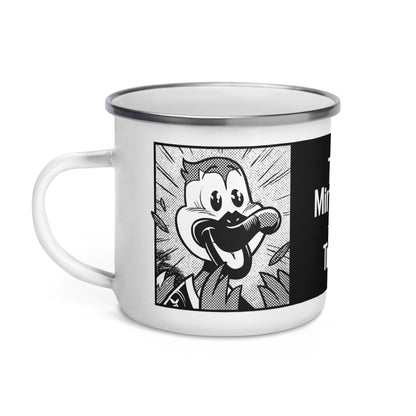 White enamel mug with a silver rim, featuring a black-and-white line drawing of Stribby the Gray Duck, the Minnesota Star Tribune mascot.