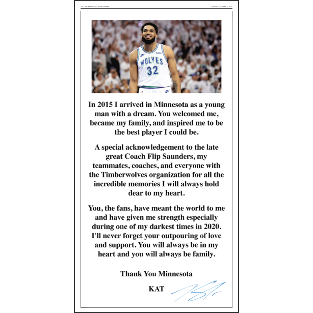 "KAT, THANK YOU." Karl-Anthony Towns Farewell Page Poster Reprints