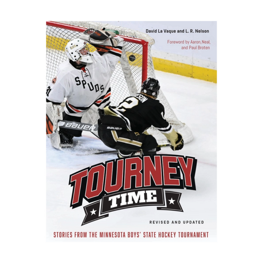 Cover of the book 'Tourney Time' featuring a photograph of a hockey game with a player in black attire scoring or attempting to score while a player in white attire defends the goal.