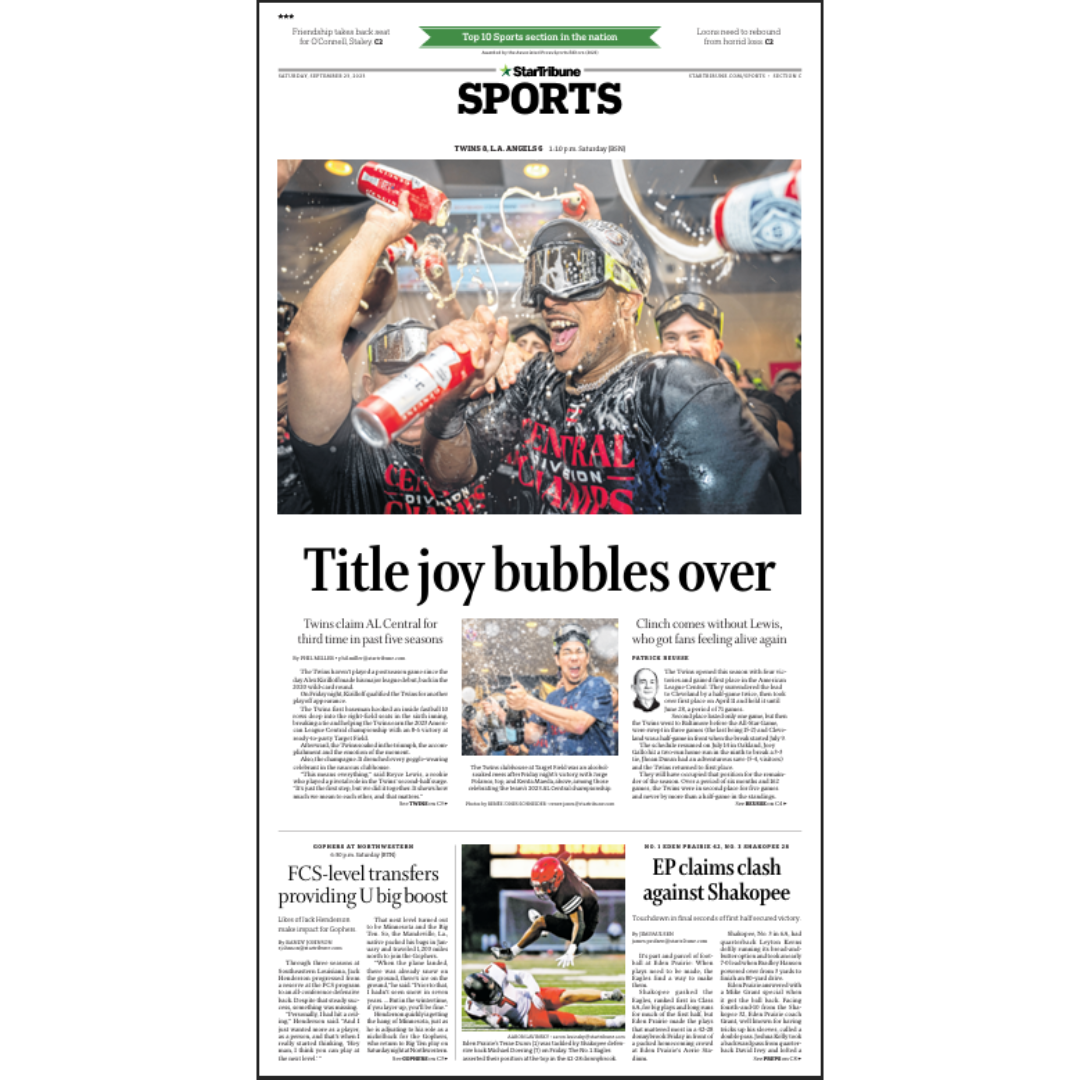 "Title joy bubbles over" Twins claim AL Central Page Poster Reprint