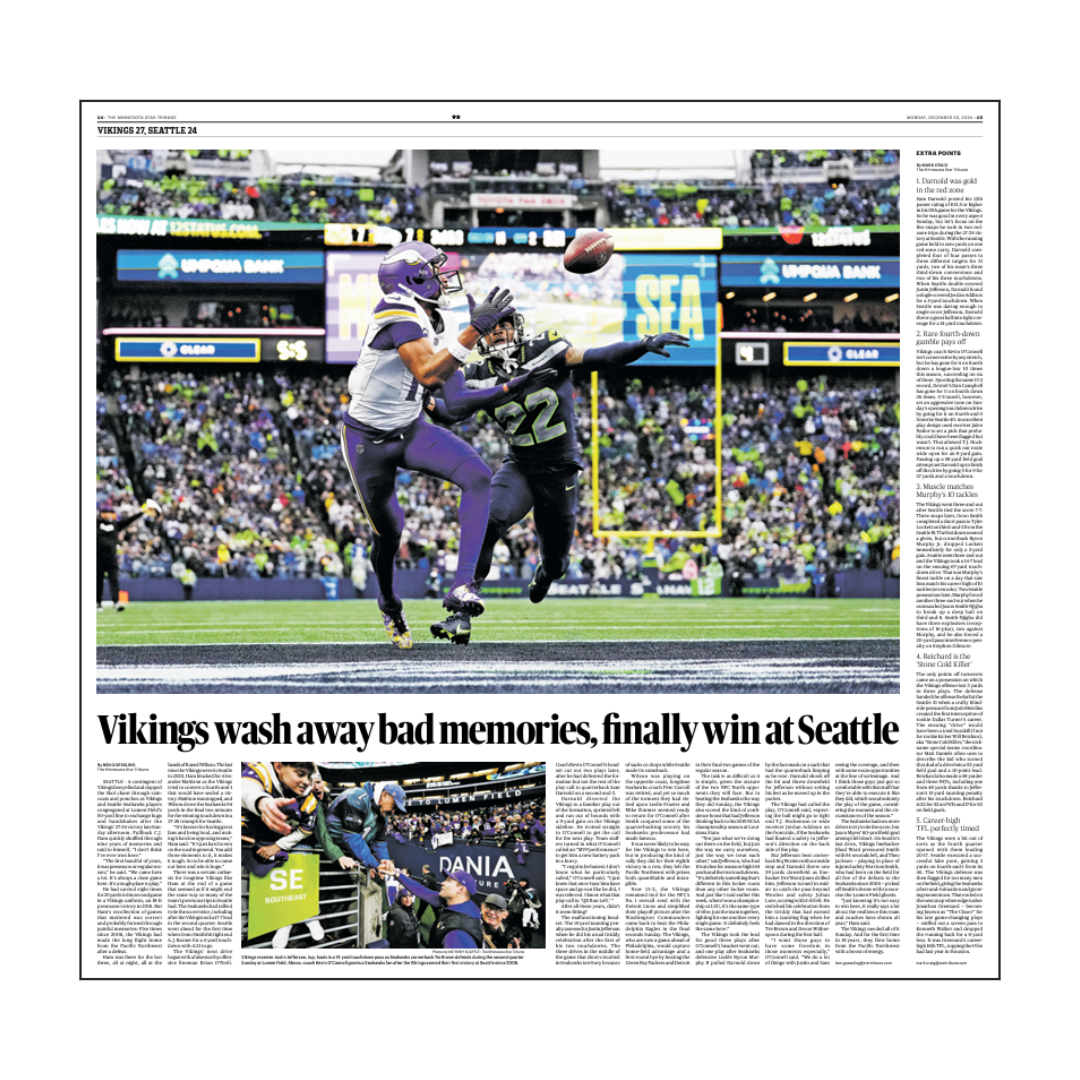 "Vikings wash away bad memories, finally win at Seattle" Vikings Page Poster Reprint