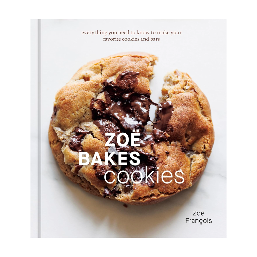 Cover of the Zoé Bakes Cookies book featuring a large chocolate chunk cookie with the author's name, Zoé François, displayed prominently.