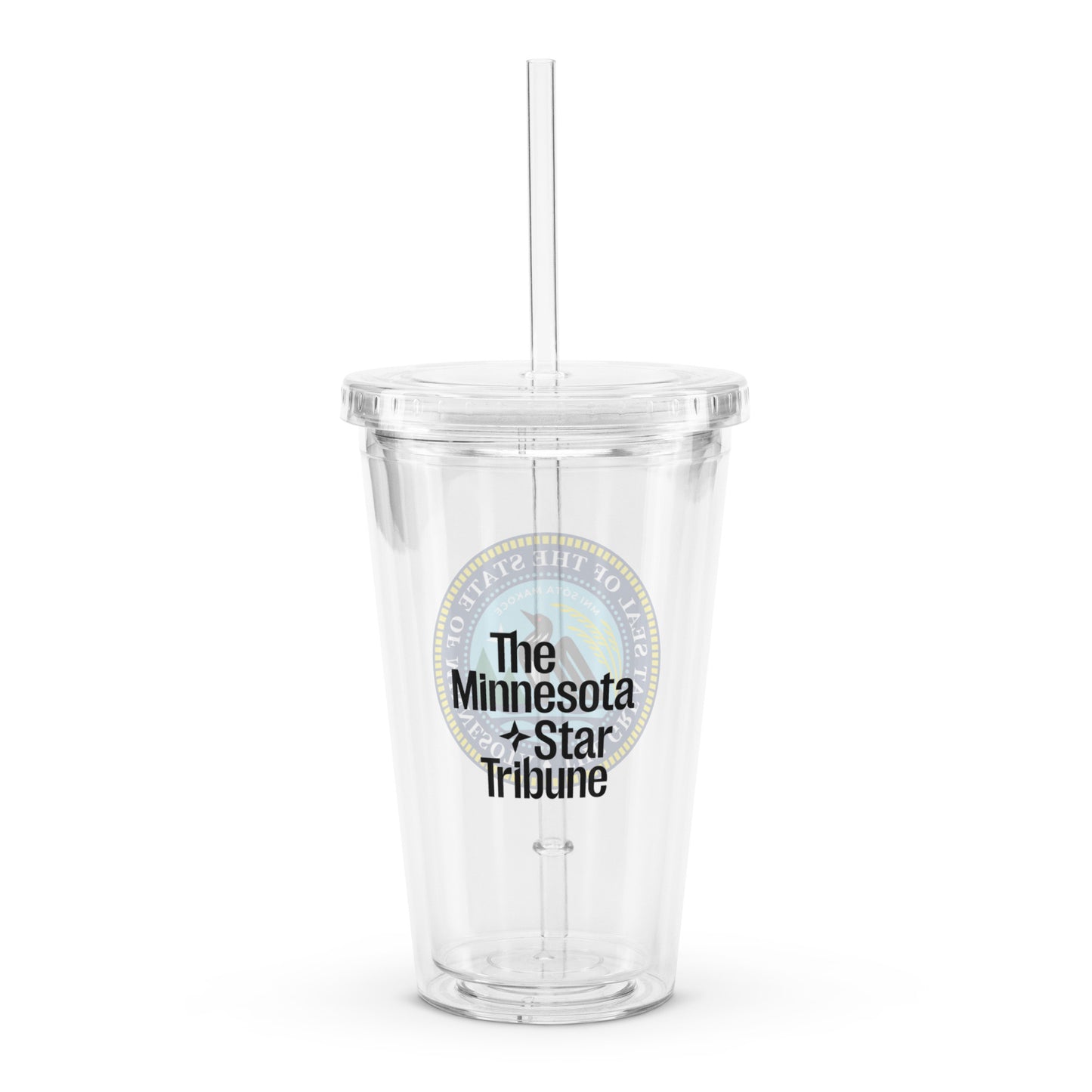 Clear tumbler with a straw featuring 'The Minnesota Star Tribune' logo on a white background