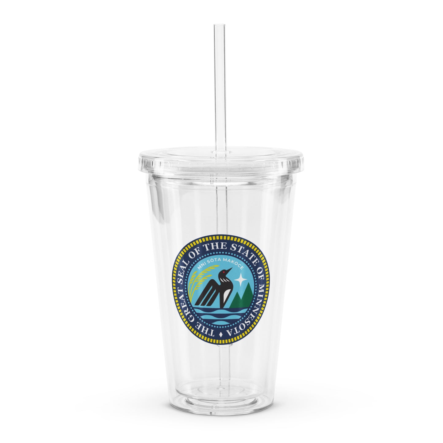 Clear tumbler with a straw featuring the seal of the State of Minnesota on a white background