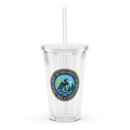 Clear tumbler with a straw featuring the seal of the State of Minnesota on a white background