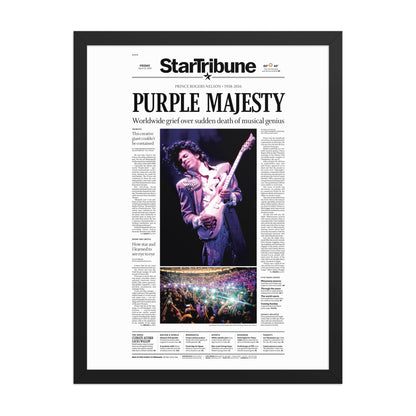 Framed A1 front page from April 22, 2016, commemorating Prince, with a large central photo and the headline 'Purple Majesty'.