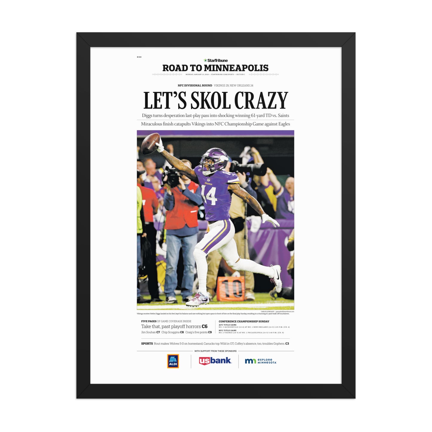 Framed poster depicting Stefon Diggs’ game‑winning “Minnesota Miracle” catch against the New Orleans Saints.