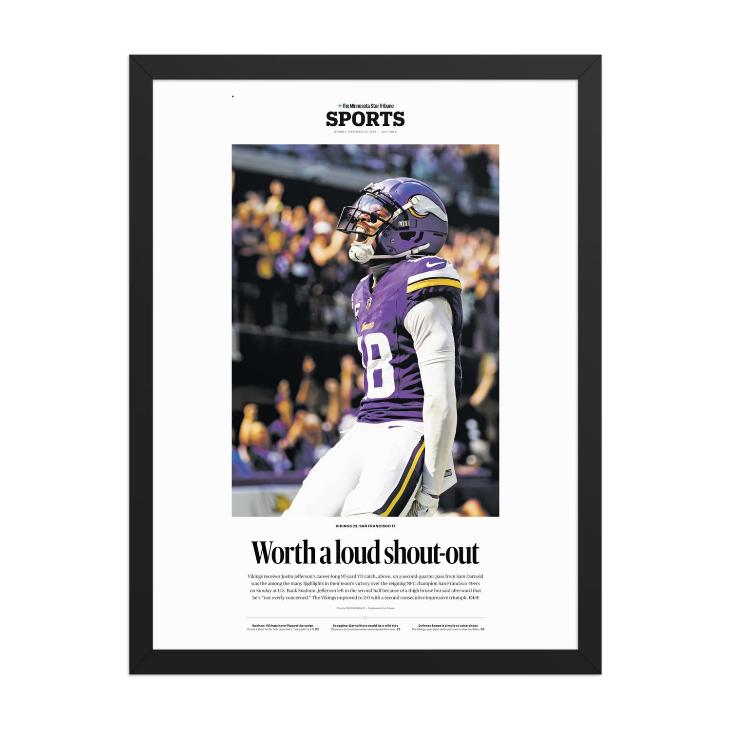 Framed sports poster of Minnesota Vikings football player Justin Jefferson in a purple uniform letting out a "loud shout-out" upon completing a 97-yard touchdown catch from Sam Darnold in 2025 game vs. San Francisco 49ers.