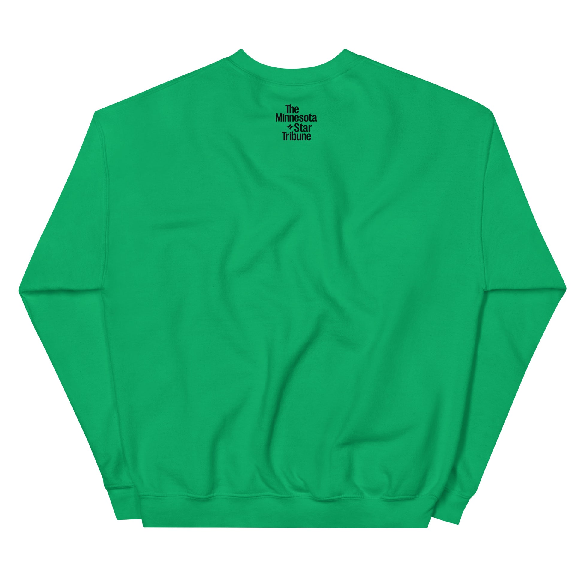 Back view of green crew neck sweatshirt with a small Minnesota Star Tribune logo on the upper back of the sweatshirt. 