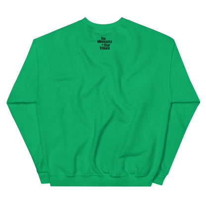 Back view of green crew neck sweatshirt with a small Minnesota Star Tribune logo on the upper back of the sweatshirt. 