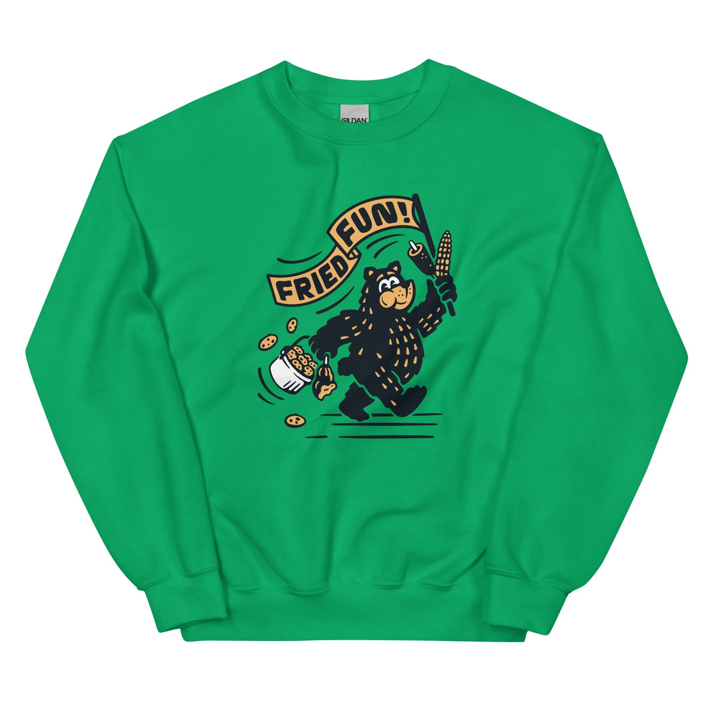 Front view of green crew neck sweatshirt with Fair Bear "Fried Fun!" graphic. Design includes cartoon bear with cookies, corn dog, and roasted corn. 