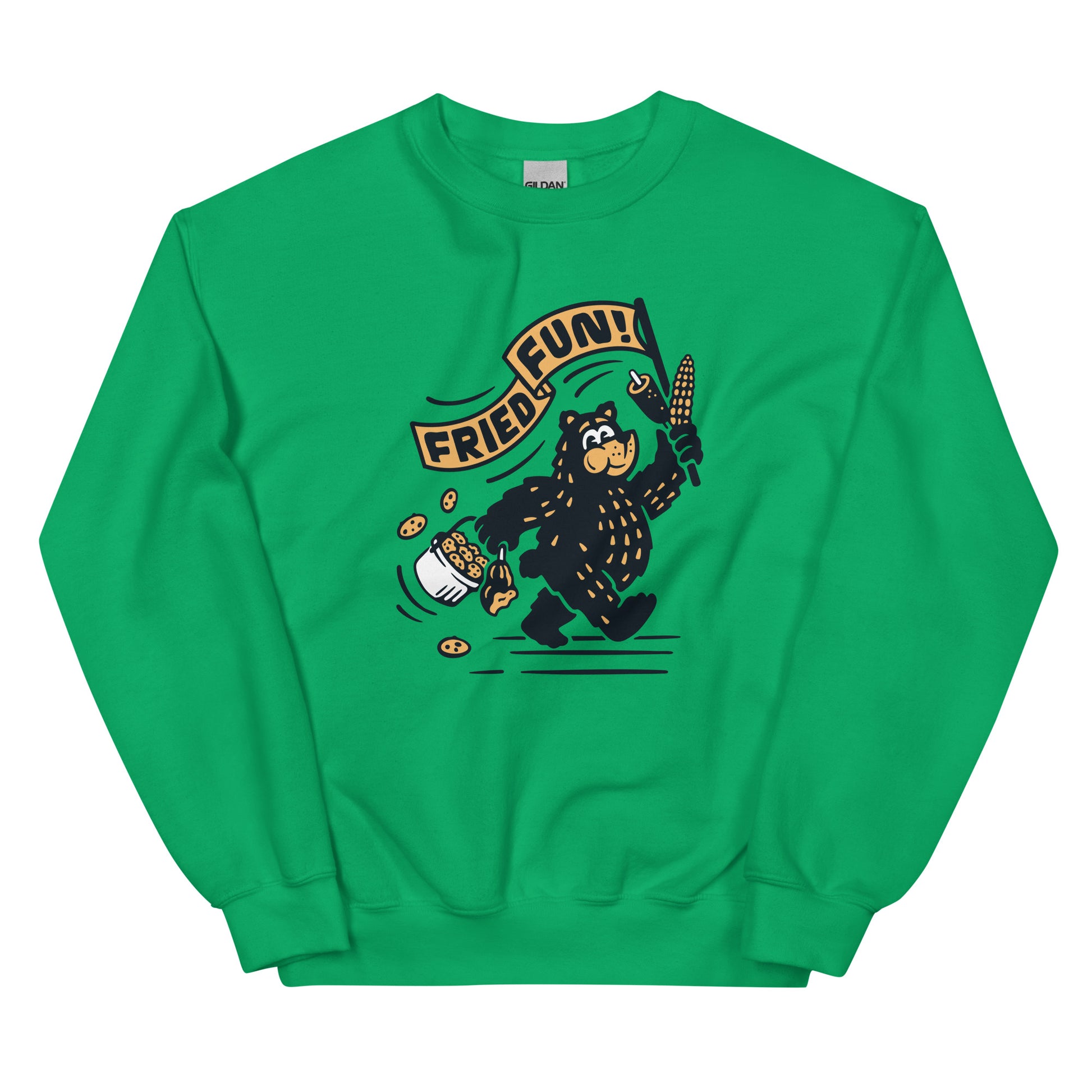Front view of green crew neck sweatshirt with Fair Bear "Fried Fun!" graphic. Design includes cartoon bear with cookies, corn dog, and roasted corn. 