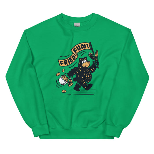 Front view of green crew neck sweatshirt with Fair Bear "Fried Fun!" graphic. Design includes cartoon bear with cookies, corn dog, and roasted corn. 