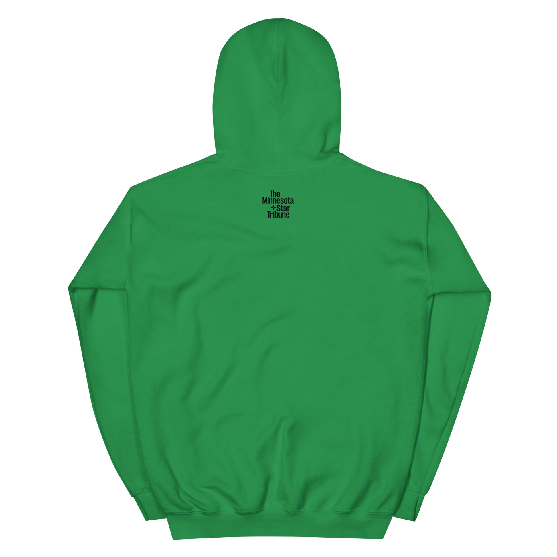 Back view of green hoodie sweatshirt with a small Minnesota Star Tribune logo on the upper back of the sweatshirt. 