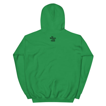 Back view of green hoodie sweatshirt with a small Minnesota Star Tribune logo on the upper back of the sweatshirt. 