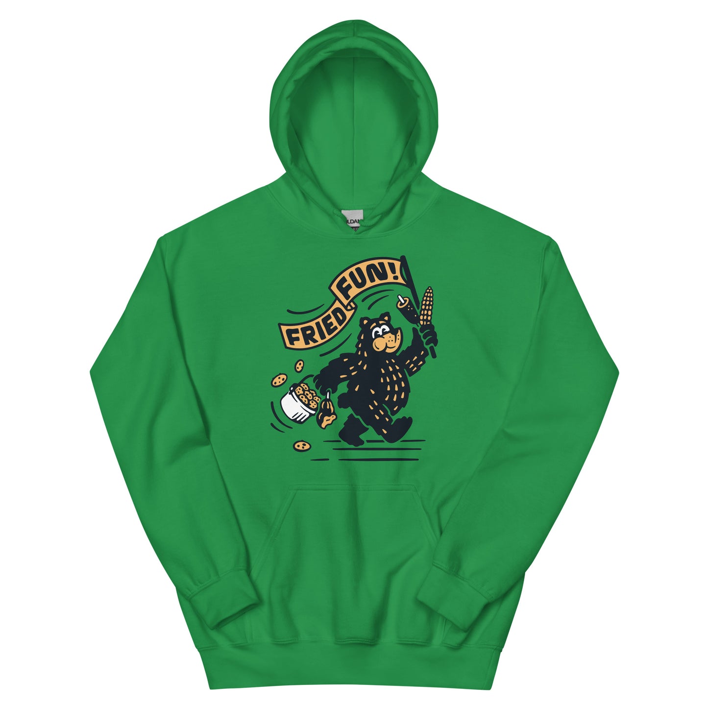 Front view of green hoodie sweatshirt with Fair Bear "Fried Fun!" graphic. Design includes cartoon bear with cookies, corn dog, and roasted corn. 