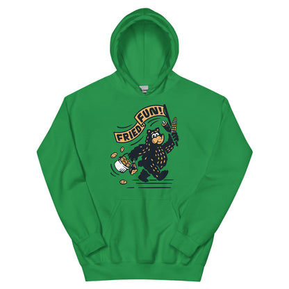 Front view of green hoodie sweatshirt with Fair Bear "Fried Fun!" graphic. Design includes cartoon bear with cookies, corn dog, and roasted corn. 