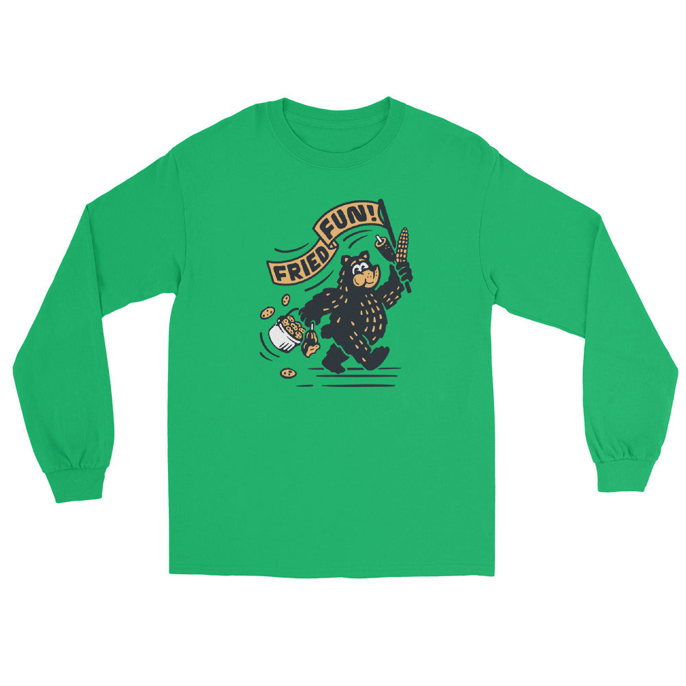Front view of green long sleeve shirt with Fair Bear "Fried Fun!" graphic. Design includes cartoon bear with cookies, corn dog, and roasted corn. 