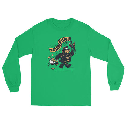 Front view of green long sleeve shirt with Fair Bear "Fried Fun!" graphic. Design includes cartoon bear with cookies, corn dog, and roasted corn. 