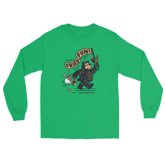 Front view of green long sleeve shirt with Fair Bear "Fried Fun!" graphic. Design includes cartoon bear with cookies, corn dog, and roasted corn. 