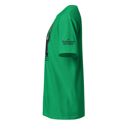 Back view of green crew neck tshirt with a small Minnesota Star Tribune logo on the left sleeve.