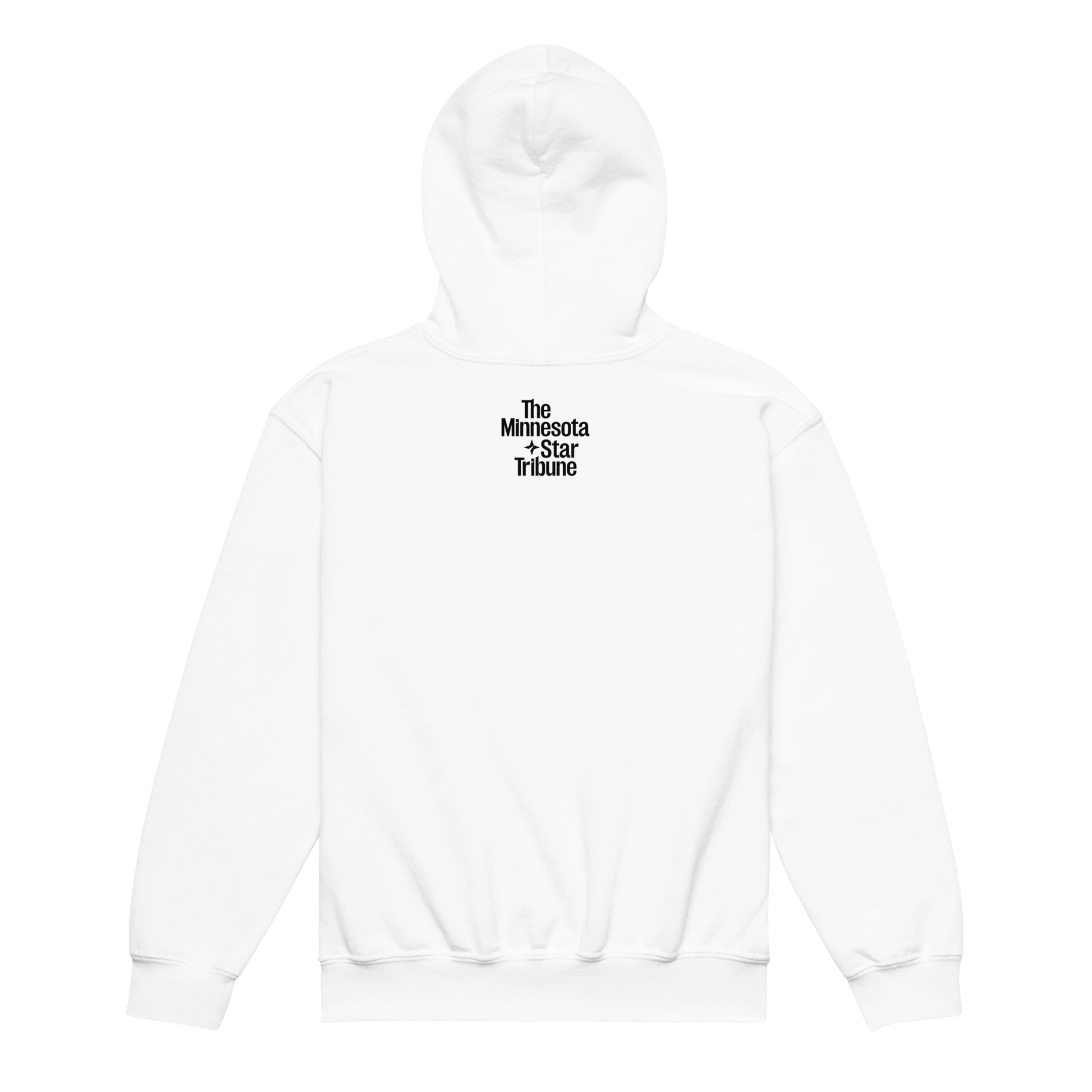 Back view of white hoodie sweatshirt with a small Minnesota Star Tribune logo on the upper back of the sweatshirt. 