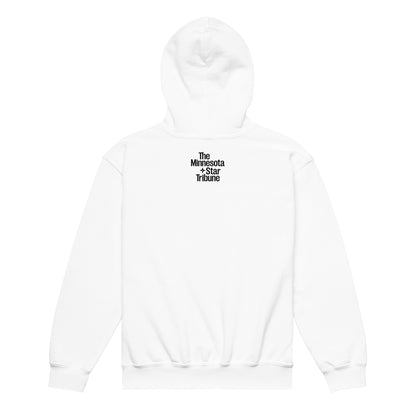 Back view of white hoodie sweatshirt with a small Minnesota Star Tribune logo on the upper back of the sweatshirt. 
