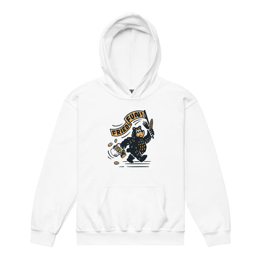 White hoodie sweatshirt with Fair Bear "Fried Fun!" graphic. Design includes cartoon bear with cookies, corn dog, and roasted corn. Front View. 
