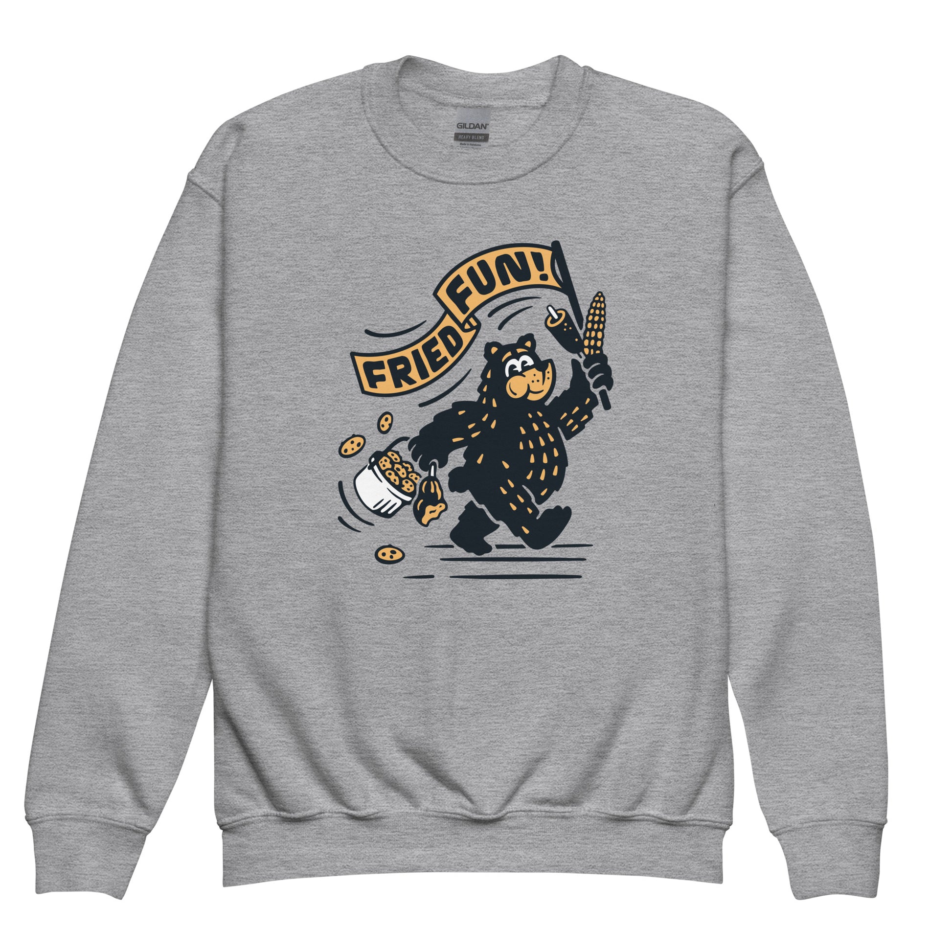 Front view of grey crew neck youth sweatshirt with Fair Bear "Fried Fun!" graphic. Design includes cartoon bear with cookies, corn dog, and roasted corn. 