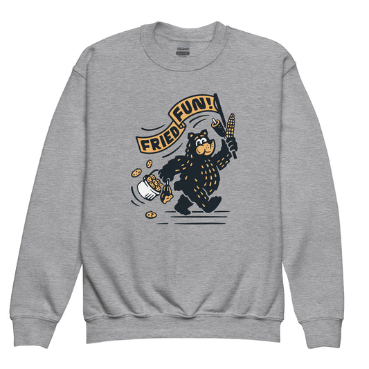 Front view of grey crew neck youth sweatshirt with Fair Bear "Fried Fun!" graphic. Design includes cartoon bear with cookies, corn dog, and roasted corn. 