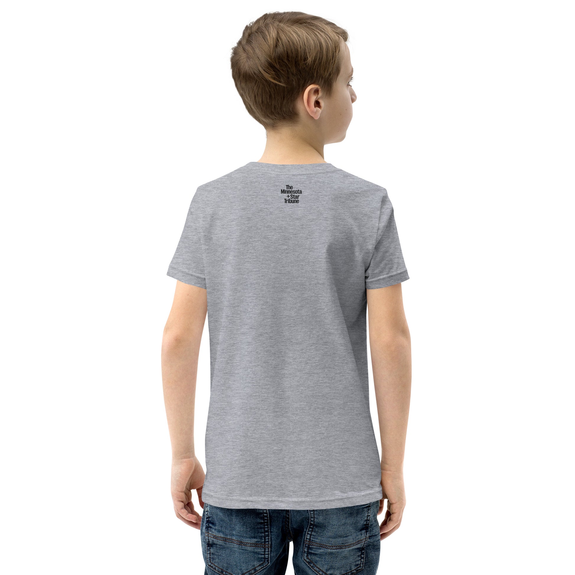 Back view of youth sized grey crew neck t-shirt with a small Minnesota Star Tribune logo on the upper back of shirt. 